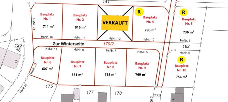 Übersichtsplan der Baugrundstücke mit Größenangabe in m² Baugebiet Schimmelseite