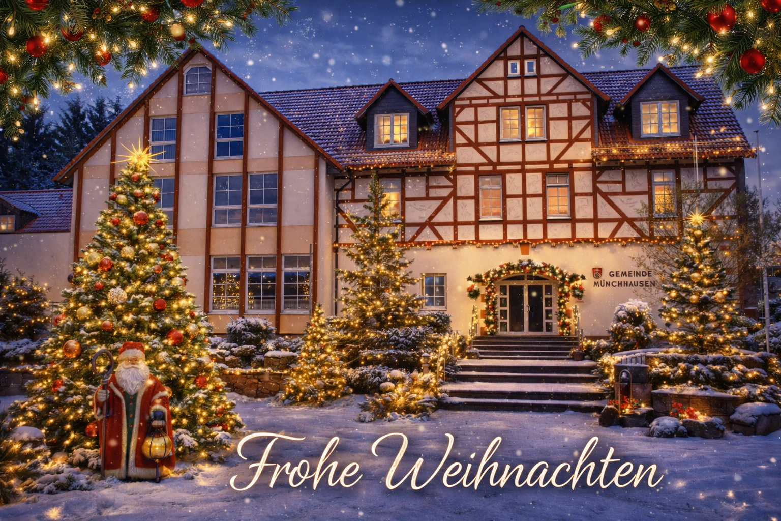 Ansicht Rathaus/Bürgerhaus Münchhausen mit weihnachtlicher Optik (mit KI-Unterstützung)