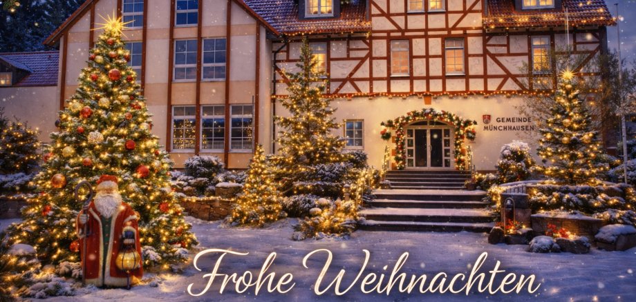 Ansicht Rathaus/Bürgerhaus Münchhausen mit weihnachtlicher Optik (mit KI-Unterstützung)