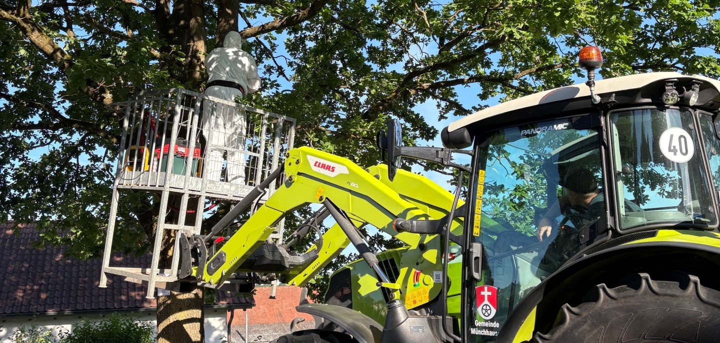 Mitarbeiter des Bauhofes wird in einem Korb durch den Kommunaltraktor nach oben befördert