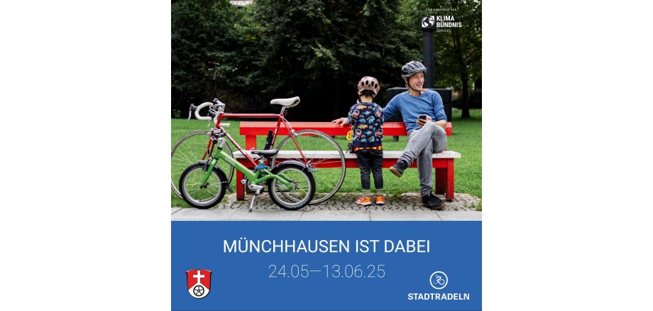 Werbeplakat Vater mit Kind machen gerade auf einer roten Bank Pause.